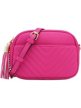 Chevron Quilted Crossbody Bag with Chain Strap & Tassel - Stylish Camera Purse